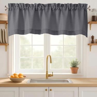 Imagem de Ebesto Saia de janela cinza escuro de 45,7 cm de comprimento, cortina de janela pequena texturizada de serapilheira de linho falso, sanefa de bolso de haste dupla com filtro de luz para cozinha
