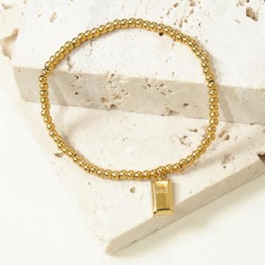 Imagem de Pulseira feminina pequena de contas de tijolo dourado, ajustável, de aço inoxidável, hipoalergênica, não mancha
