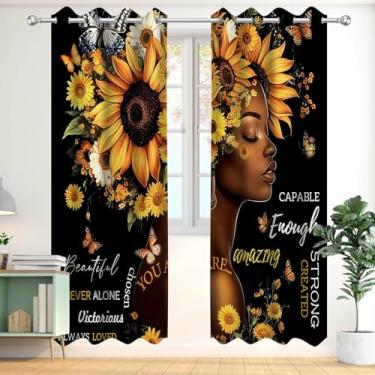 Imagem de YRWSU Cortinas femininas negras afro-americanas para meninas pretas e padrão de borboleta de girassol dourado em cortinas blackout, citações inspiradoras engraçadas, drapeadas Queen para quarto de