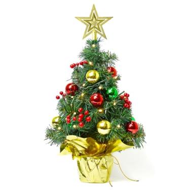 Imagem de Árvore de Natal de mesa com cordão de luzes de LED, mini árvore de Natal artificial pré-decorada de 55 cm para mesa, copa de árvore estrelada e enfeites coloridos para decoração de Natal em casa