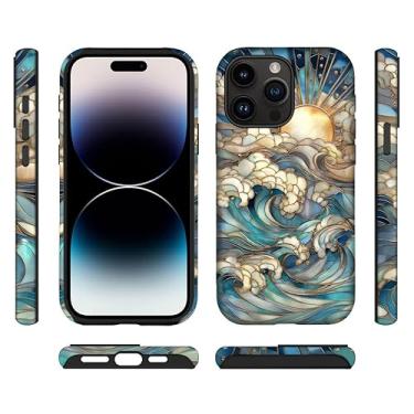 Imagem de ilikediy Capa híbrida para iPhone 14 Pro Max com 2 camadas rígidas de silicone com estampa protetora - vitral ondas do oceano sol