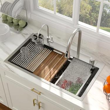 Imagem de Pia de cozinha suspensa de 83 cm para estação de trabalho em cascata inteligente, pia de cozinha, 83 x 48 cm, 16 calibres, tigela única, conjunto multifuncional de pia e torneira com lavadora de copos