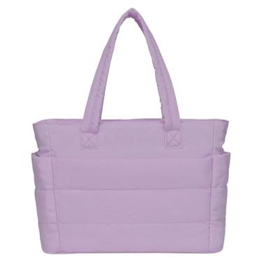 Imagem de Bolsa Puffer para mulheres, bolsa de trabalho leve e inchada com compartimentos, bolsa de ombro acolchoada para viagens, Lilás, Large