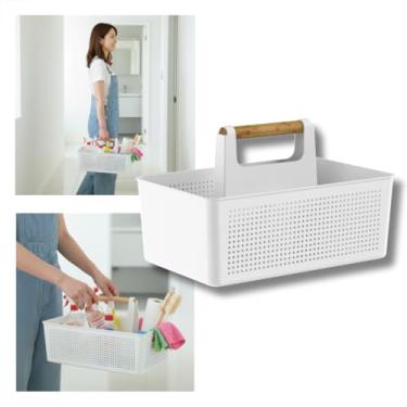 Imagem de Organizador Multiuso com Alça para Produtos de Limpeza, Lavanderia e Banheiro | Cesto Plástico Resistente com Design Moderno – Ideal para Toalhas, Detergentes e Acessórios (BRANCO)