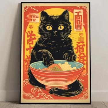Imagem de Arte de parede em tela de gato japonês vintage Cats Eat Poster moderno impressão de arte japonesa pintura retrô gato preto engraçado imagem de gatos pretos comer arte engraçada comida animal pôster