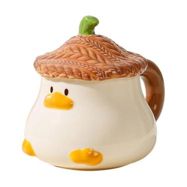Imagem de Caneca de café fofa de pato, canecas de café de animais, 400 ml de cerâmica com design animal, utensílios de mesa com tampa, desenho animado pintado à mão, com alça para leite com leite