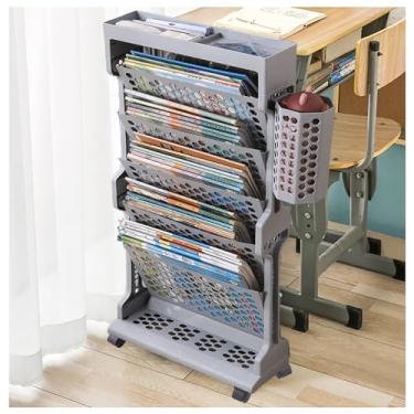 Imagem de ZYUHUA Carrinho de rodinhas estante móvel com rodas mesa lateral cesta de armazenamento carrinho móvel sala de aula mesa estante móvel 6 níveis estante de livros prateleira de revistas, cinza