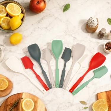 Imagem de 10 peças de escova de silicone para espátula, colher de cozinha e raspador de escova de silicone, design 2 em 1, utensílios de cozinha resistentes ao calor para misturar, servir, colocar na