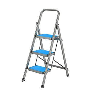 Imagem de Escadas dobráveis com 3 degraus de 4,8 cm de espessura, banqueta dobrável com pedal largo antiderrapante e escada leve de metal com aderência prateada para escadas resistentes para adultos (cor: azul