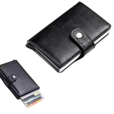 Imagem de Carteira Slim com Proteção RFID, Couro, Porta Cartões com Pop-up Automático, Preto e Marrom, Design Minimalista, Proteçâo Contra Furto (Preta)