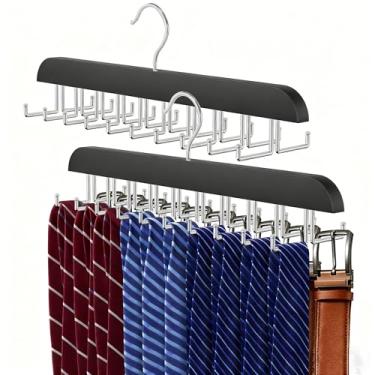 Imagem de Cabide de cinto para armário, gancho de gravata de madeira com 40 ganchos dobráveis, multifuncional, antiderrapante, de aço inoxidável, organizador de gravatas (preto, pacote com 2)