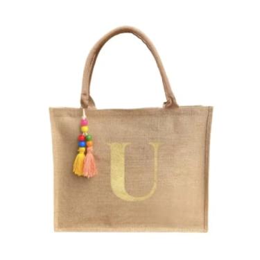 Imagem de Bolsa Juta Personalizada Letra Dourada Inicial Do Nome - Praia Ecologica - (U)