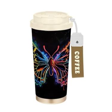 Imagem de SEHANY Caneca de viagem Neon Butterfly 482 g Copos de café reutilizáveis revestidos de cerâmica com tampa à prova de vazamento, parede dupla, isolamento a vácuo, copo de café de aço inoxidável para