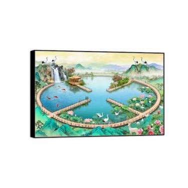 Imagem de Chinoiserie Arte de parede paisagem imagem em tela - ponte do lago flores peixe - pintura chinesa - impressões de moldura preta para decoração de casa 20 x 30 cm 8 x 12 pol