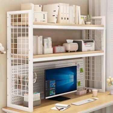 Imagem de Yadlan Prateleira de mesa de computador de 2 camadas, rack de armazenamento de mesa, prateleira perfurada de mesa, prateleira ajustável, mesa de escritório adequada para sala de estudo, escritório