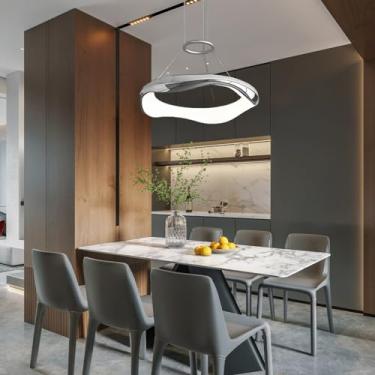 Imagem de Lustre moderno de metal com LED e controle remoto, luminária pendente criativa redonda para mesa de jantar, estilo nórdico, design simples, iluminação embutida para ambientes internos, ideal