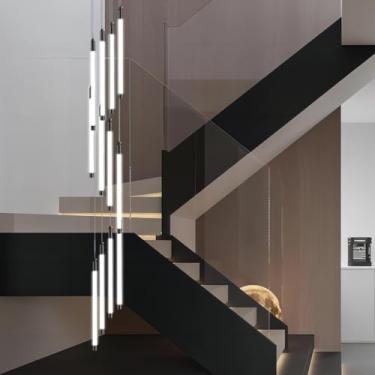 Imagem de Lustre moderno de teto alto, preto, com 12 lâmpadas LED em espiral grandes em formato de gota, luminária suspensa para hall de entrada, altura ajustável, ideal para escadas, saguão, sala de