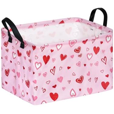 Imagem de KUNRO Rectang Cesta de armazenamento Vantine com padrão de coração, prateleira de presente, caixa organizadora de roupas, cesta de brinquedo infantil para decoração de quarto de meninos e meninas