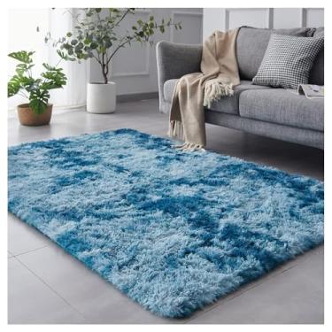 Imagem de SPXMQSS Tapete macio e longo de pelúcia para sala de estar, tapetes antiderrapantes que não caem para quarto, lavável na máquina para sala de estar, quarto, cabeceira, casa azul 200 x 300 cm