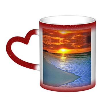 Imagem de Copo de café divertido de praia com pôr do sol, copo de cerâmica com mudança de cor sensível ao calor 12 Oz, para café/chá/leite/cacau, para adolescente/aniversário/festival/presentes
