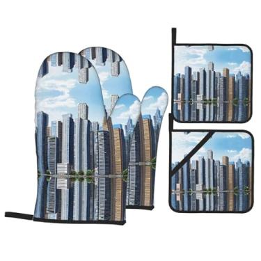 Imagem de Fashion City - Conjunto de luvas de cozinha estampadas com suportes de tampa, luvas de forno resistentes ao calor para manusear panelas quentes, grelhar, churrascos, kit de 4 peças.