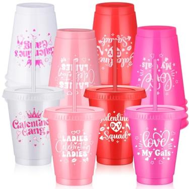 Imagem de Yungyan 16 peças de copos de dia da Galentine a granel com canudo e tampa 473 ml copos de corações de plástico reutilizável Galentines copos rosa e vermelho para decorações do dia de Galentine