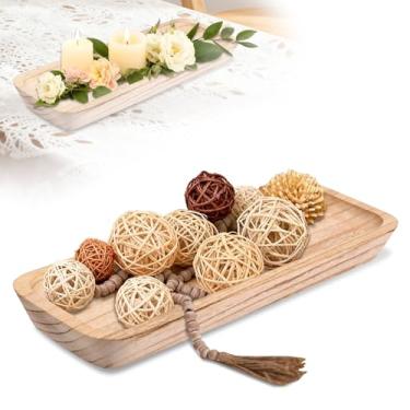 Imagem de Tigela decorativa de massa de madeira, bandeja de madeira longa e estreita, decorações de mesa de centro de mesa, bandeja rústica de suporte de vela para sala de jantar, cozinha, mesa de café