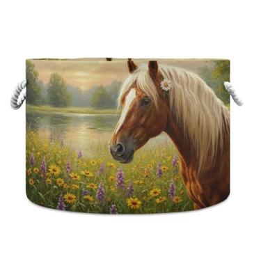Imagem de Burbuja Cesta de armazenamento redonda de paisagem com cavalo com alças de corda de algodão, cesta de lavanderia para cobertores, brinquedos, berçário, decoração de sala de estar