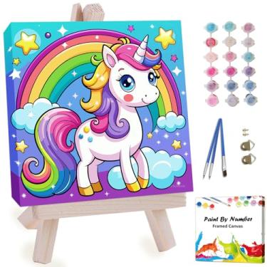 Imagem de Artunion Kit de pintura emoldurada por números para adultos iniciantes e crianças de 8 a 12 anos, pintura de cavalo arco-íris por número com moldura, kit de pintura de animais fofos por números em