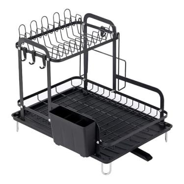 Imagem de Escorredor de Louças 2 Andares Preto com Bandeja Coletora – Secador de Pratos Grande com Porta Talheres e Copos – Organizador de Cozinha 42cm