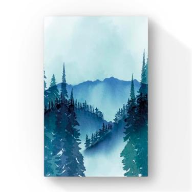Imagem de Arte em Aquarela Paisagem Montanha, Impressão Artística em Tons de Azul, Floresta de Pinheiros, 60x40 cm, Decoração para Parede