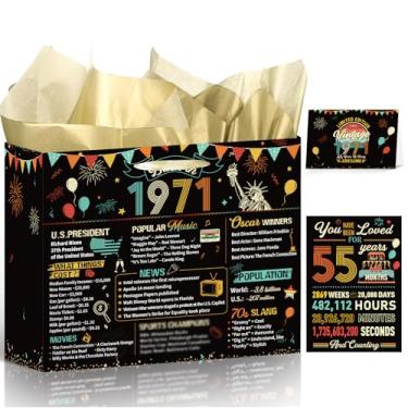 Imagem de Wxiben Bolsa de presente de aniversário de 55 anos – Decoração vintage colorida de volta em 1971, saco de embrulho de presente de feliz aniversário com alças cartaz de papel de seda para decoração de