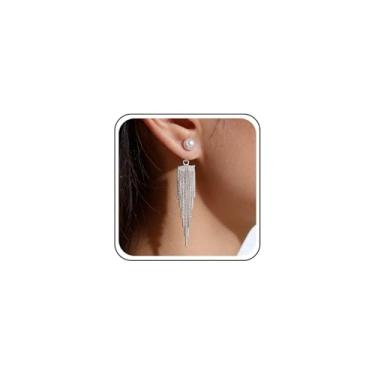 Imagem de Aneneiceera Brincos de corrente elegantes de pérola vintage de metal elegante com borla brincos longos de prata com franja de casamento brincos de pérola para mulheres, Zinco, nah