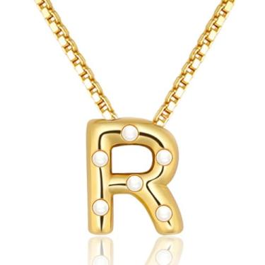 Imagem de BLUEELM Colar feminino com letras de bolha, colares delicados com inicial banhada a ouro 14 K, pingente de bolha, com inicial de bolha, nome de ouro, grosso, nome de balão, colar moderno de ouro, joia