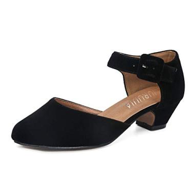 Imagem de Sapato social feminino de salto grosso, salto baixo, tira no tornozelo, bico fechado, D'Orsay, trabalho, casamento, salto alto, veludo preto, 37 EUA 6, Veludo, preto, 34