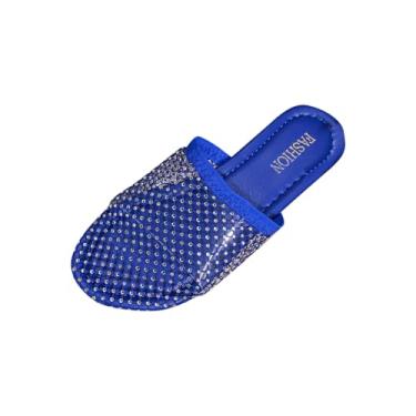 Imagem de Chinelos femininos com strass bico redondo bico fechado casual praia primavera verão versátil UE 36-43 Reino Unido 3,5-7 EUA 5,5-9 comprimento do pé 23-26,7 cm, Azul royal, 39