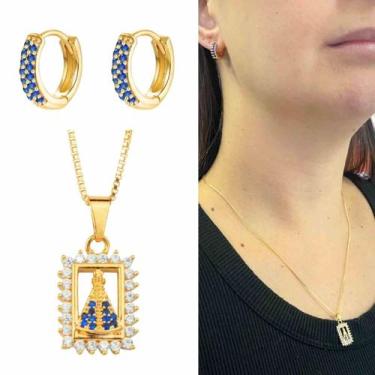 Imagem de Kit presente Nossa Senhora Aparecida brinco Banhado a ouro 18k religio