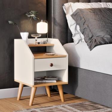 Imagem de Mesa de Cabeceira Pés Palito Retrô Criado Com 1 Gaveta Quarto Decoração (Off-Freijó)