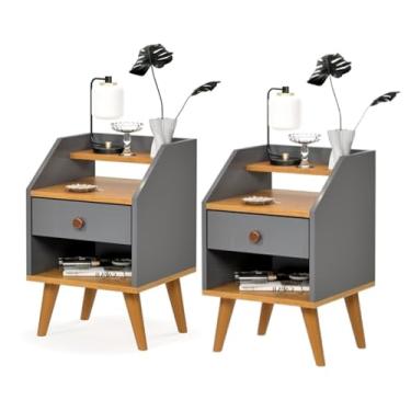 Imagem de Mesa de Cabeceira Pés Palito Retrô Criado Com 1 Gaveta Quarto Decoração (Kit 2 Cinza-Freijó)