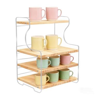 Imagem de BETAGT Suporte de caneca de café de 4 camadas, organizador de acrílico curvo para mesa de madeira, prateleira sólida para escritório, cozinha, barras de café, feijão, xícaras, agitadores, livros