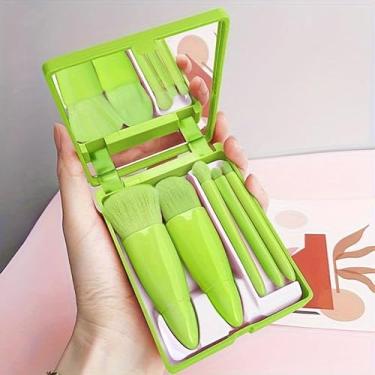 Imagem de Conjunto de pincéis de maquiagem femininos portáteis com espelho - kit de cosméticos dobrável para viagem, mini conjunto de pincéis de maquiagem para presente de meninas (verde)
