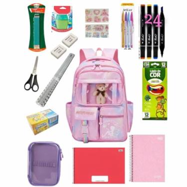 Imagem de Kit Ursinho Material Escolar Infantil Completo Feminino Menina Fundamental