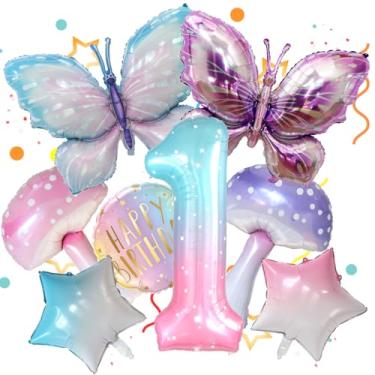 Imagem de 8 balões de borboleta, cogumelo, estrela, feliz aniversário redondo e balão colorido número 1 de 101 cm para decoração de festa de 1º aniversário Fariy Girls. (1º)