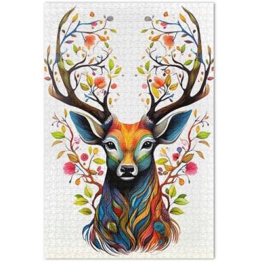 Imagem de Quebra-cabeça com chifres coloridos de flor de veado, 500 peças para adultos, pintura de arte floral, quebra-cabeças difíceis presentes para jogo de elefante branco, 51 x 35 cm