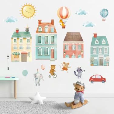Imagem de Mfault Watercolor Fairy Tale Town Wall Decals Stickers, Cute Animals House Car Nursery Decorations Baby Kids Children Bedroom Art, Hot Air Balloon Cloud Sun Baby Boy Girl Toddler Playroom Home Decor