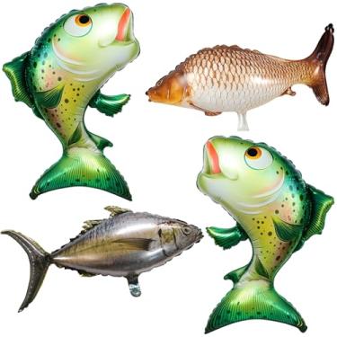 Imagem de 4 balões de peixe, peixes infláveis, decorações de festa de pesca para aniversário, adequadas para entusiastas de pesca, organizadores de festas, organizadores de eventos ao ar livre