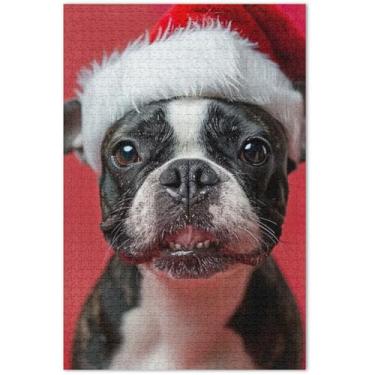Imagem de Um lindo cachorro Boston Terrier usando um Papai Noel para adultos, 1000 peças, pintura artística, quebra-cabeça, presentes para jogo de elefante branco, 75 x 40 cm