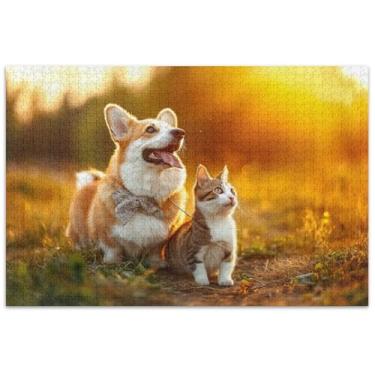Imagem de Quebra-cabeça adulto Corgi cão gato campo de verão 500 peças paisagem floral difícil quebra-cabeças elefante branco