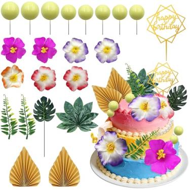 Imagem de Firleayo Flores havaianas topos de bolo de flores de verão topo de cupcake folhas de palmeira tropical decorações de bolo hibisco enfeite de cupcake Aloha praia luau decoração para primavera verão