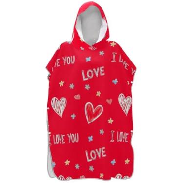 Imagem de Joisal Roupão de mudança de poncho de surfe para adultos toalha de banho com capuz leve unissex poncho adulto com capuz corações vermelho